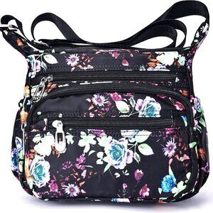 Nylon Floral Multi-Pocket Crossbody Purse Bags for Women Travel Shoulder Bag